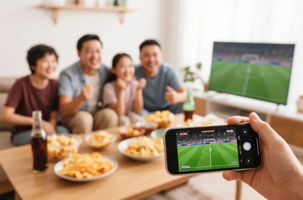 手机与电视并排展示足球比赛直播,家庭多人观看的生活场景